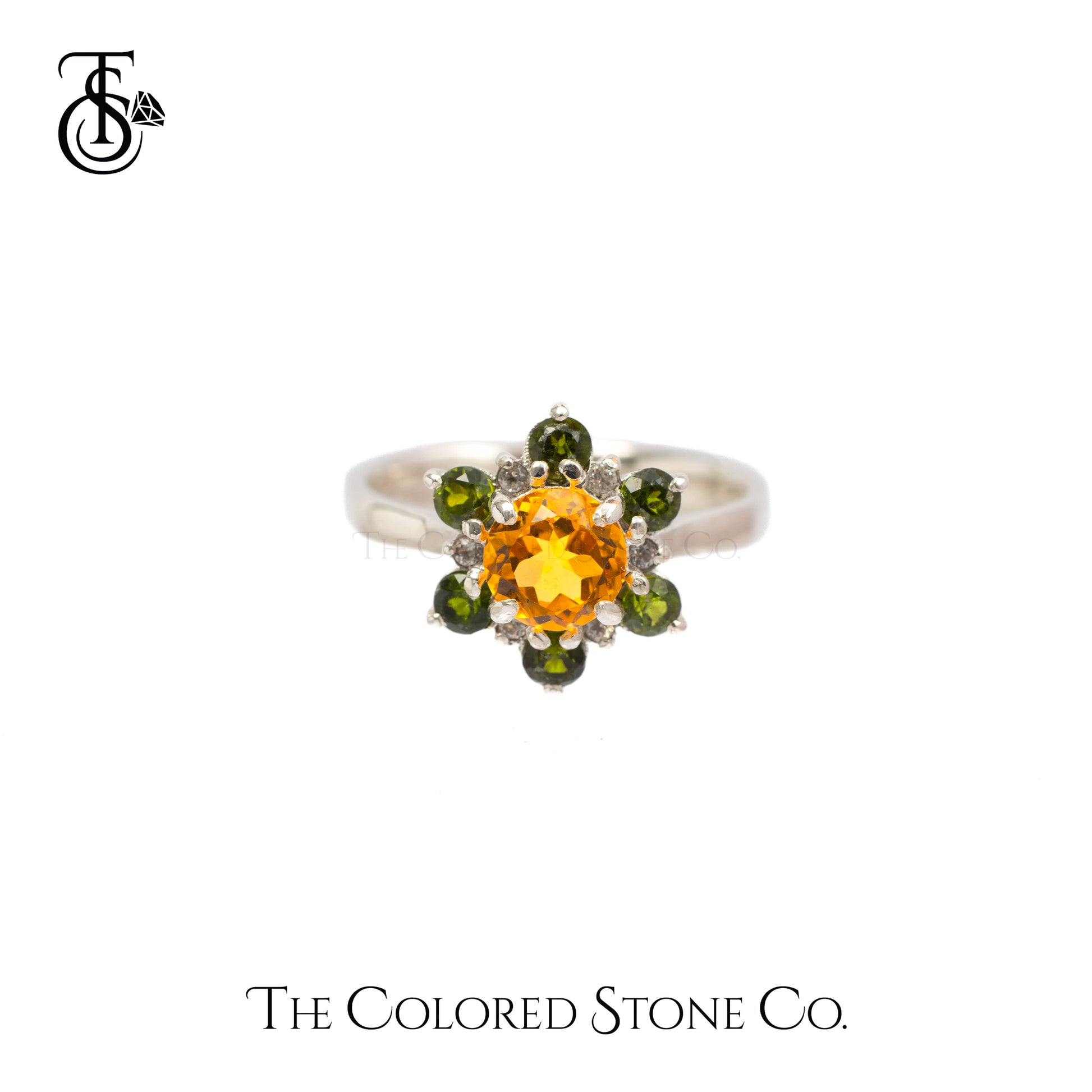 Natural Yellow Citrine, Chromium DIopside, and White Topaz stones, arranged in a delicate flower design.