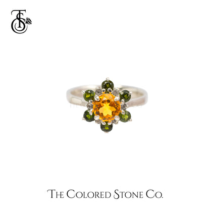 Natural Yellow Citrine, Chromium DIopside, and White Topaz stones, arranged in a delicate flower design.