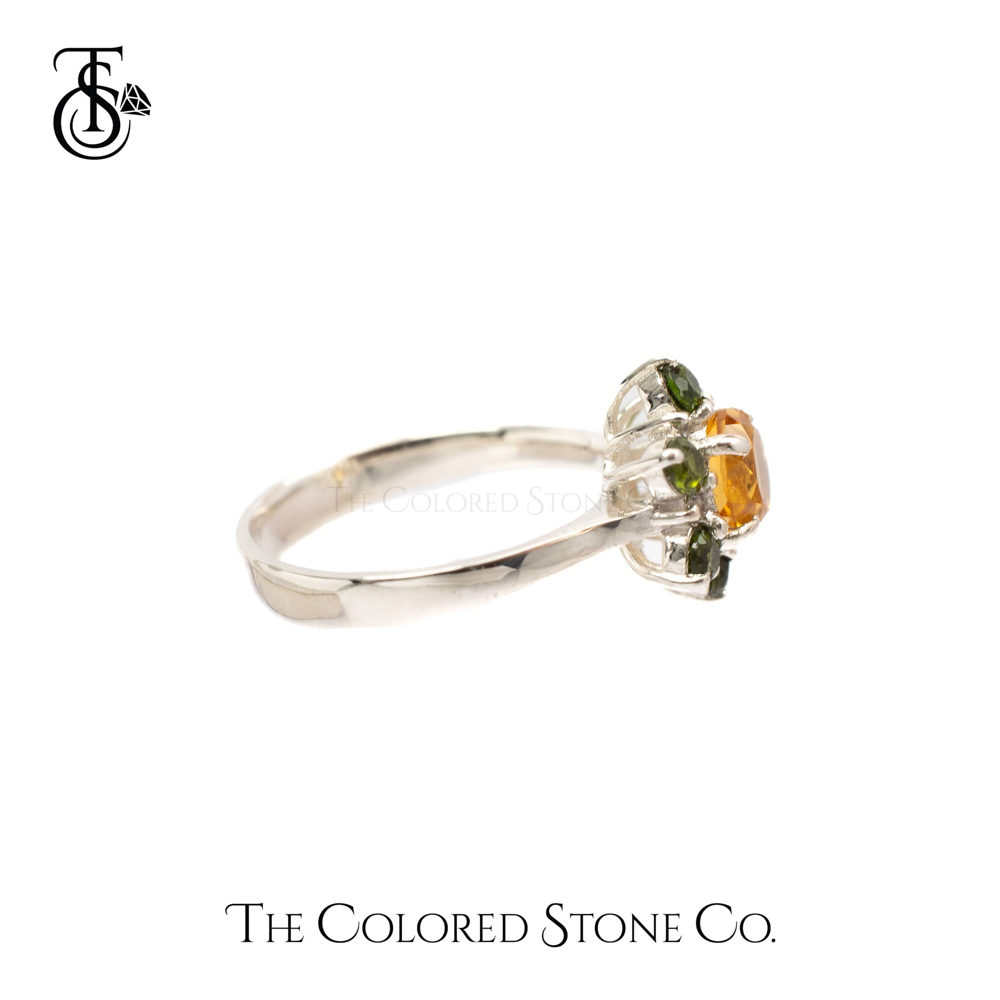 Natural Yellow Citrine, Chromium DIopside, and White Topaz stones, arranged in a delicate flower design.