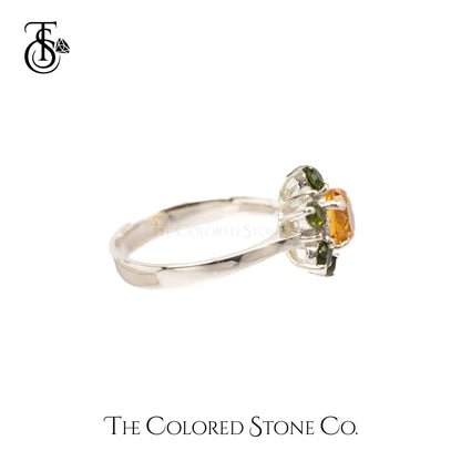 Natural Yellow Citrine, Chromium DIopside, and White Topaz stones, arranged in a delicate flower design.