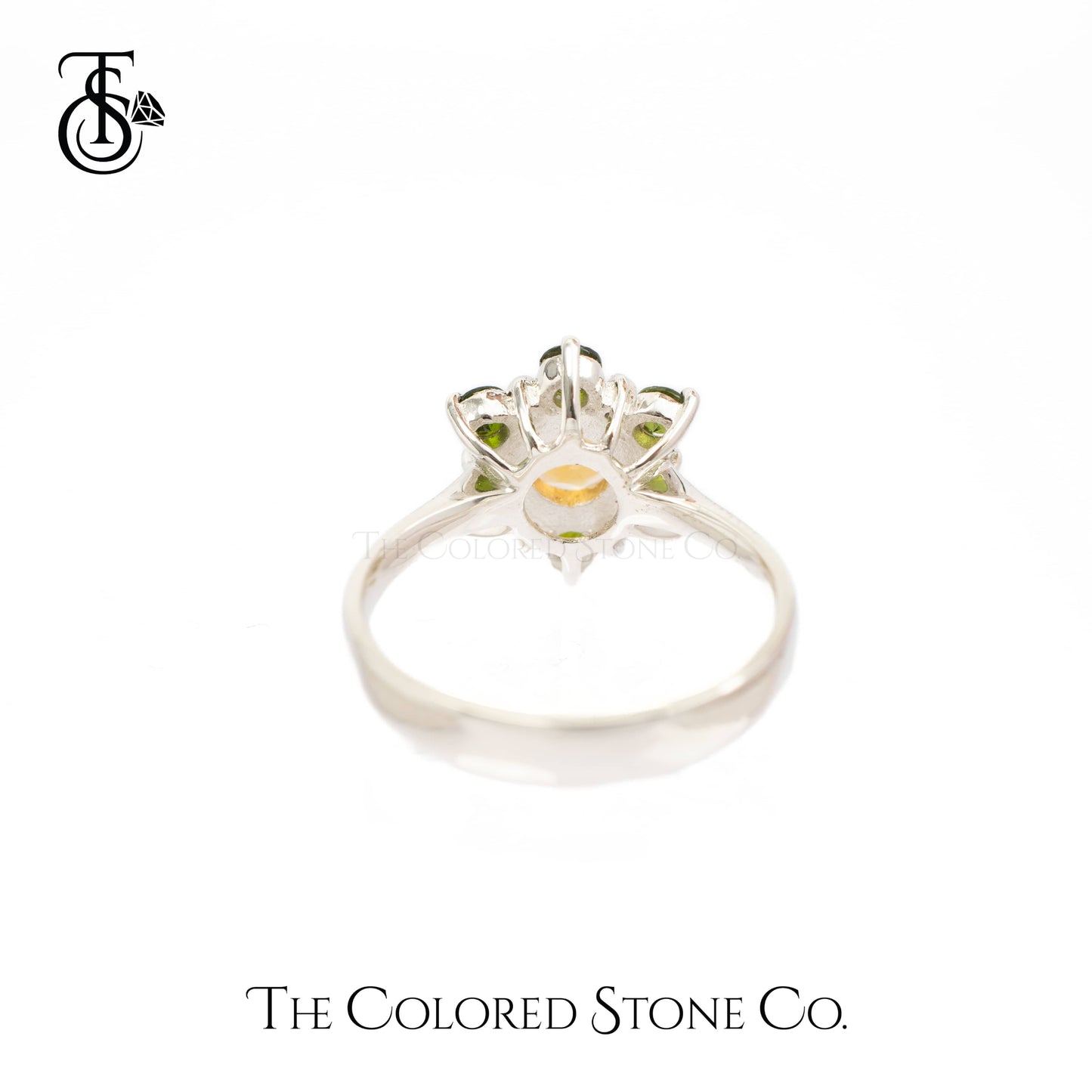 Natural Yellow Citrine, Chromium DIopside, and White Topaz stones, arranged in a delicate flower design.