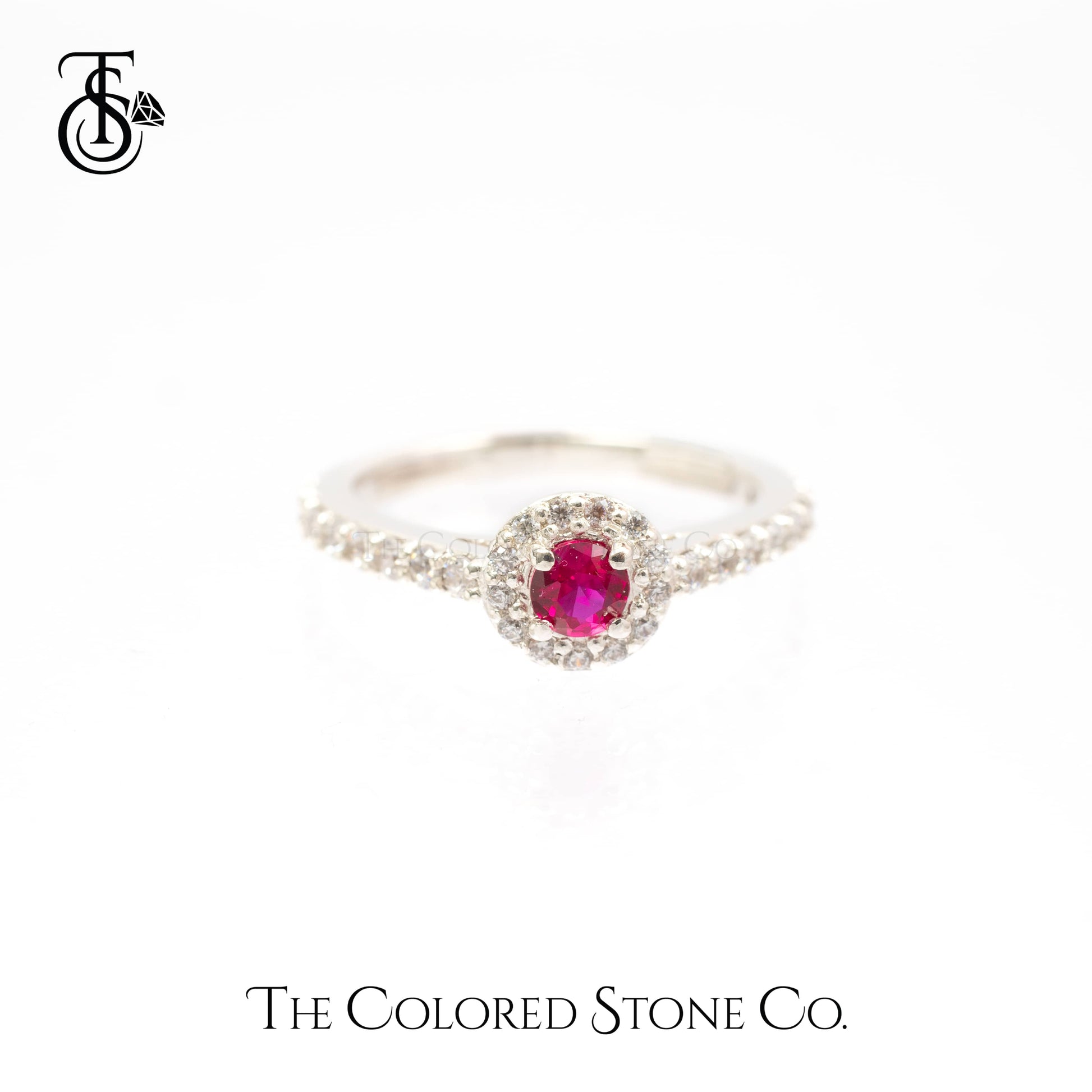 Halo Ring with Lab Grown Ruby & White Cubic Zirconia