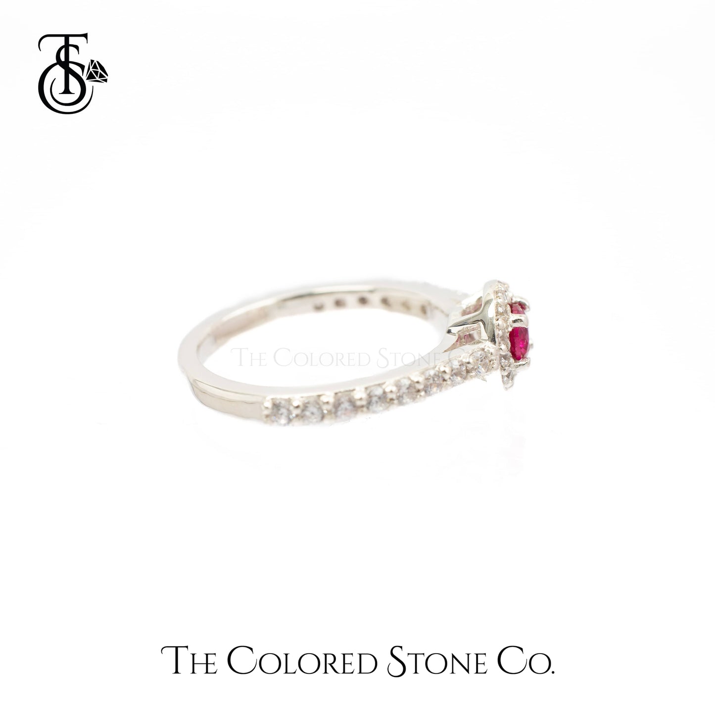 Halo Ring with Lab Grown Ruby & White Cubic Zirconia