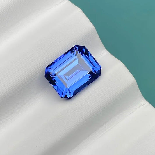 Emerald Cut Royal Blue Lab Grown Sapphire Front VIew on a tray